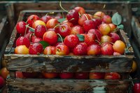 Fresh ripe cherries with water drops in rustic wooden box, selective focus on bright red and yellow fruit with green stems and leaves, farm harvest.