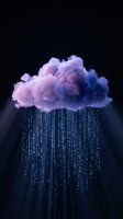 Surreal purple and blue cloud with glowing rain drops falling against dark background for creative design projects and artistic concepts.