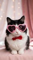 Adorable black and white kitten wearing pink heart-shaped glasses and red bow tie against romantic bokeh background for Valentine's Day celebrations.