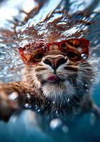 Close-up portrait of wet cat wearing red sunglasses underwater with water droplets and bubbles creating dynamic motion effect against blue background.