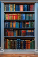 Vintage hardcover books arranged on wooden bookshelf with colorful spines in blue, red, green and brown. Classical literature collection in traditional library setting.