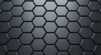 Dark metallic hexagonal honeycomb pattern with blue glowing edges creating modern geometric background for technology and industrial design applications.