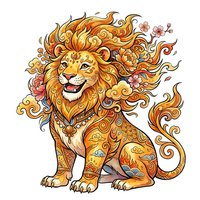 Ornamental lion with flowing mane and decorative patterns sits in stylized pose surrounded by floral elements. Isolated artwork on transparent background suitable for apparel and design projects.