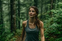 Young Caucasian woman in gray tank top exploring lush green forest, with natural light filtering through trees creating atmospheric woodland scene.
