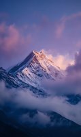 Majestic snow-capped mountain peak rising above clouds at sunset with purple sky, creating dramatic alpine landscape for adventure and nature themes.