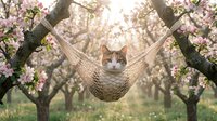 Adorable tabby cat relaxing in woven hammock among blooming cherry blossom trees in spring garden. Pet enjoying peaceful moment outdoors in nature.
