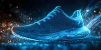 Glowing blue athletic shoe with digital particle effects and light trails against dark background, modern sports footwear design concept for running and fitness.