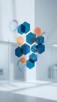 Futuristic blue and orange hexagons with glowing circular HUD elements floating in a bright modern white interior space.