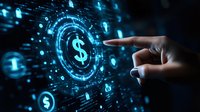 Digital currency concept with glowing blue dollar symbols and human hand pointing at futuristic interface. Financial technology and digital payment innovation.