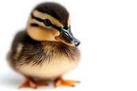 Close up portrait of baby mallard duckling with soft yellow and brown feathers on white background, isolated for nature and wildlife design projects.