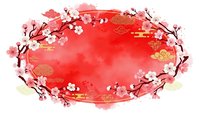 Watercolor red oval frame with cherry blossom branches and white flowers on transparent background for spring design projects and Asian-themed artwork.