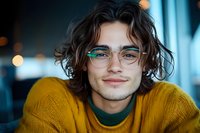 Young Hispanic man with curly hair and glasses wearing yellow sweater smiling at camera. Close up portrait with soft bokeh background in blue tones.