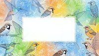 Colorful watercolor bird pattern with blank white frame for text or design. Hand drawn songbirds on rainbow background for greeting cards and invitations.