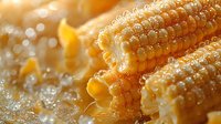Steaming hot corn on cob with melting butter and salt crystals in extreme macro shot, golden sunlight creates bokeh effect highlighting corn kernels and seasoning.