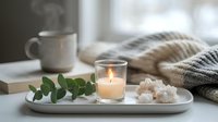 Cozy home relaxation scene with burning candle, eucalyptus branch, coffee cup and knitted blanket creating peaceful hygge atmosphere for wellness content.