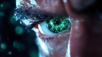 Extreme macro shot of human eye with emerald green iris reflecting magical sparkles and light bokeh effect against dark background, artistic fantasy portrait.