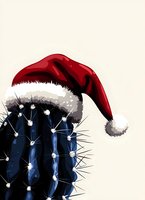 Blue cactus wearing red Santa hat with white fur trim against beige background, humorous holiday concept for seasonal greeting cards and decorative prints.