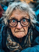 Senior Caucasian woman with messy gray hair wearing glasses makes surprised expression with wide blue eyes. Close up portrait showing aging skin and wrinkles.