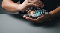 Business professional protecting digital technology innovation with hands showcasing cybersecurity data protection and futuristic interface elements.