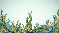 Decorative floral border with swirling organic leaves and vines in green blue tones on light background for nature design projects.