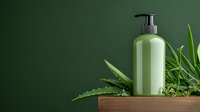 Green cosmetic bottle with pump dispenser and aloe vera plants on wooden surface against dark green background for natural skincare branding.
