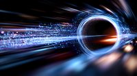 Futuristic portal with glowing blue and orange light trails creating dynamic motion effect against dark background. Abstract space-time tunnel concept.