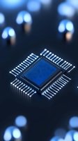 Computer microprocessor chip with blue core on dark circuit board background with bokeh lights for technology and electronics design projects.