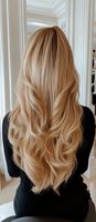 Woman with long layered blonde hair showing back view of voluminous wavy hairstyle in salon chair for hair styling and beauty treatments.