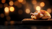 Whole roasted golden chicken on wooden board against dark background with warm bokeh lights creating festive holiday atmosphere for food photography.