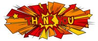 Thank you message in comic pop art style with red, yellow and orange rays on transparent background, suitable for greeting cards and web design.