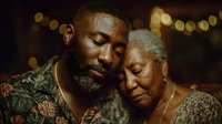 African American man with beard embracing elderly woman with gray hair in warm intimate moment with bokeh lights creating emotional family connection scene.