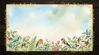 Watercolor nature frame with colorful garden birds, flowers, berries, and ferns on a soft sky background with copy space.