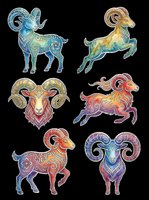 Ornate zodiac ram and goat characters with decorative patterns, swirls, and vibrant colors isolated on transparent background. Ready for t-shirt design, clipart, stickers, sublimation, and print-on-demand projects.