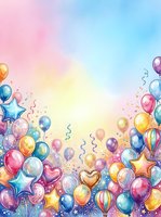 Colorful watercolor birthday balloons with stars, hearts, and confetti on a pastel gradient background with copy space for celebration designs.