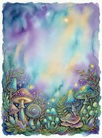 Enchanted forest floor with whimsical mushrooms, magical plants, and glowing particles beneath a dreamy watercolor sky in purple, blue, and yellow tones. Isolated design element.