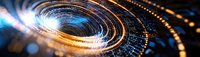 Abstract digital technology background with glowing orange and blue circular light trails forming dynamic spiral patterns against dark backdrop. Modern futuristic design.