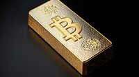 Golden bitcoin bar with embossed cryptocurrency symbol and decorative elements on dark background, representing digital wealth and financial investment concept.