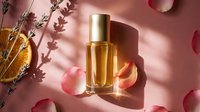 Luxury perfume roller bottle with golden cap on pink background, surrounded by rose petals, lavender, and orange slice in sunlight.