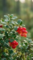 Fresh red lingonberries growing on green shrub branch with dewdrops in natural forest environment for organic food and botanical photography.