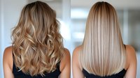 Blonde hair transformation showing before and after professional styling - curly waves versus straight sleek finish on long layered cut with balayage highlights.