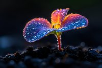Young plant seedling with water drops on colorful leaves glowing in dark. Macro photography of morning dew on sprout emerging from soil in magical light.