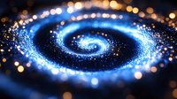 Luminous spiral of glowing blue particles with golden bokeh lights creating magical cosmic effect against dark background. Suitable for abstract space designs.