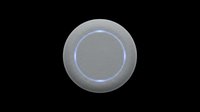 Metallic gray circular button with glowing blue ring accent, isolated on transparent background. Ready for UI design, web graphics, app interfaces, game assets, and digital product mockups.