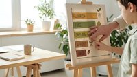 Nutritionist or dietitian with brown hair and light skin tone explaining food groups on wooden chart to client during consultation in bright office with plants and natural light.