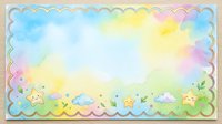 Pastel watercolor card with cute stars and clouds, scalloped gold border, soft rainbow sky background for baby shower, nursery, or greeting design.