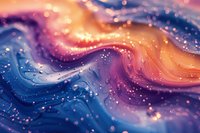 Abstract fluid art background with swirling blue, orange and pink colors creating dynamic waves with glowing bokeh light effects and water droplets.