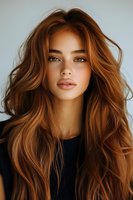 Young woman with flowing copper red hair, natural freckles, and luminous green eyes wearing black top against neutral background, portrait composition.
