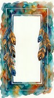 Watercolor feather frame with colorful abstract background and blank white space for text or design elements, boho style border for invitations and cards.
