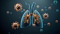 Digital visualization of human lungs surrounded by virus particles on dark background, showing respiratory system and infectious disease concept in medical science.