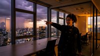 Young woman with curly dark hair, wearing black leather jacket, standing in modern high-rise office with floor-to-ceiling windows overlooking city skyline at sunset, pointing toward urban landscape during golden hour.